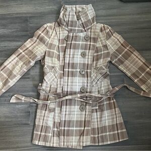 DKNY Brown and Cream Plaid Trench Coat